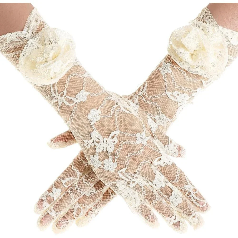 Women's Beige Floral Lace Opera Elegant Evening Party Prom Gloves Accessories